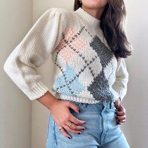 Vintage Argyle Cottage Core Cozy Cuddle Mock Neck Knit Sweater Top
